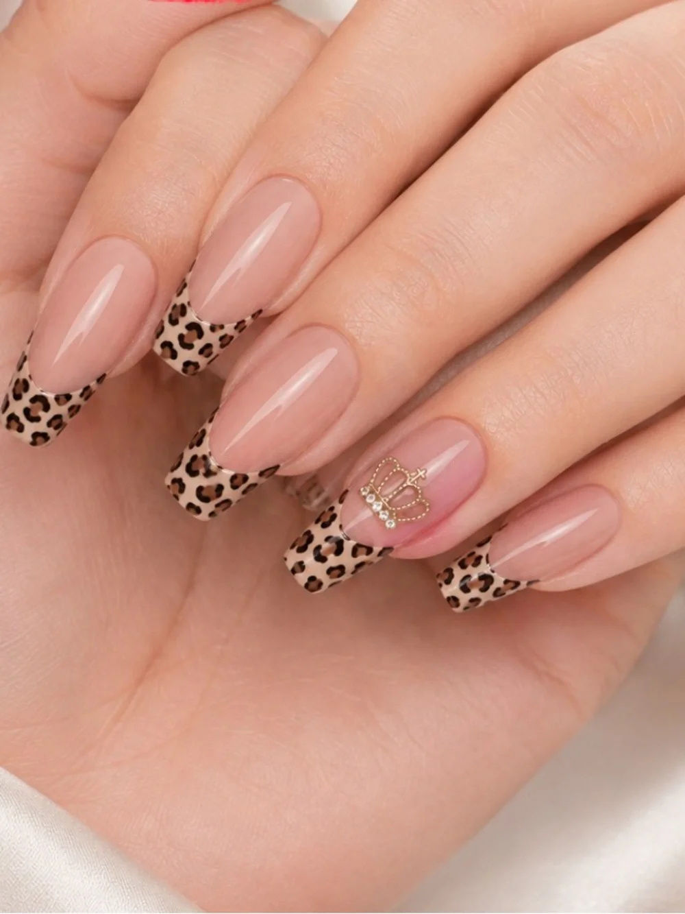 Leopard French Tip Press-On Nails in Nude with Gold Crown Accent